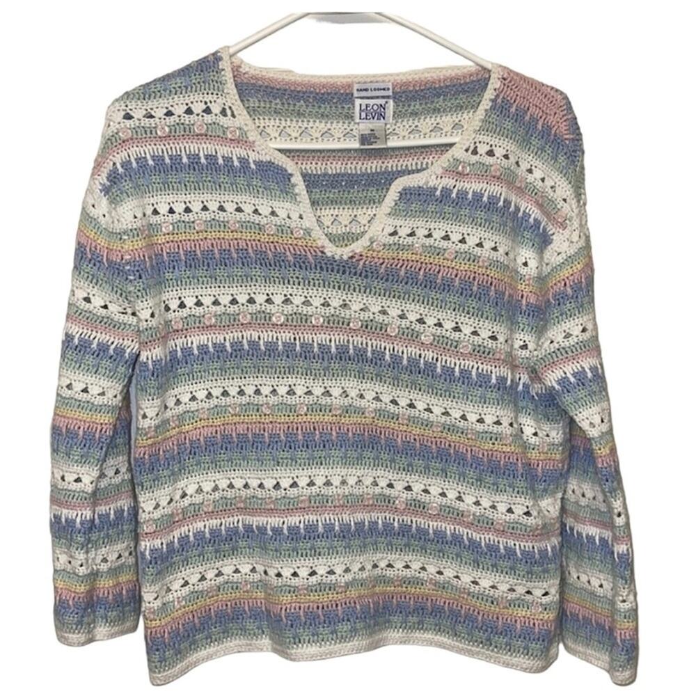 Leon Levin Vintage 90’s Stripe Multicolor Open Knit Boho Sweater size Medium